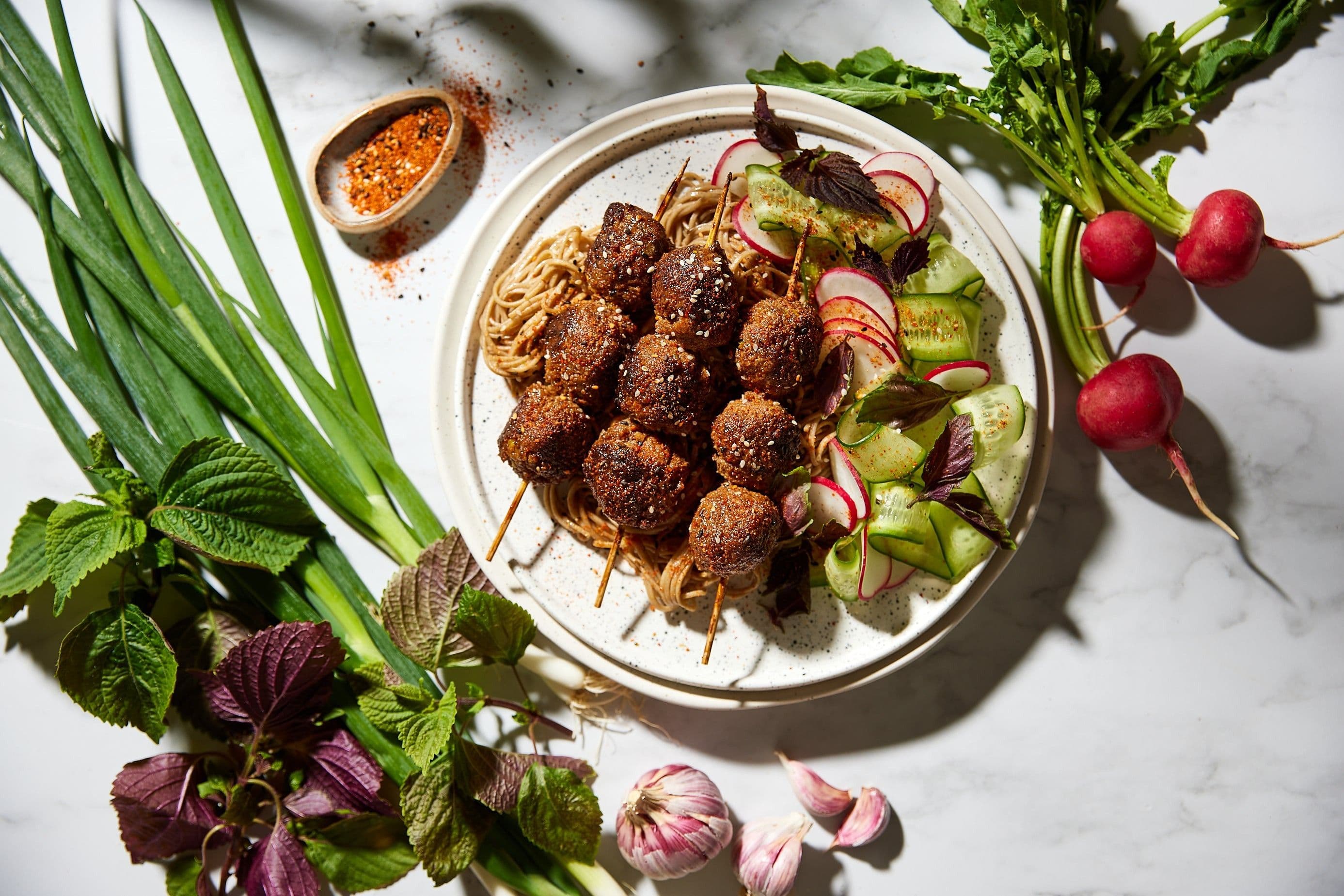 Beef Tsukune with Soba Noodles and Summer Salad